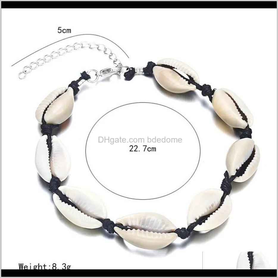 beach cultures seashell conch charm connected with white black string rope extended silver plated metal chain woman anklet