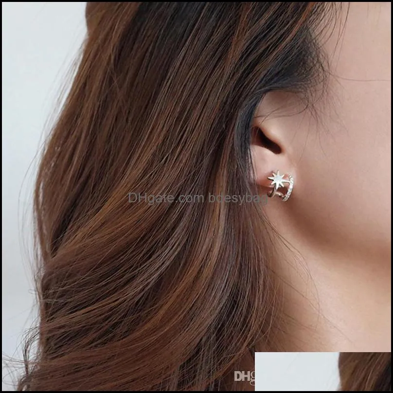 Peri`sBox Eight-pointed Star CZ Stone Small Earrings Open Circle Gold Stud Earrings for Women Korean Style Dainty 2019