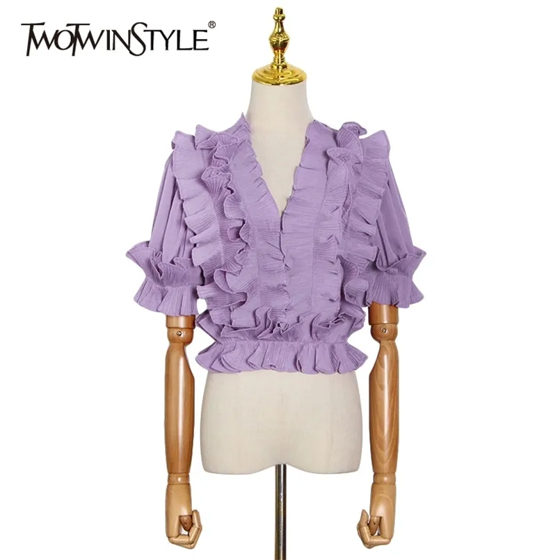 Vit Patchwork Ruffle skjorta för kvinnor V Neck Kortärmad Elegant Blus Kvinnlig Spring Kläder Mode 210524