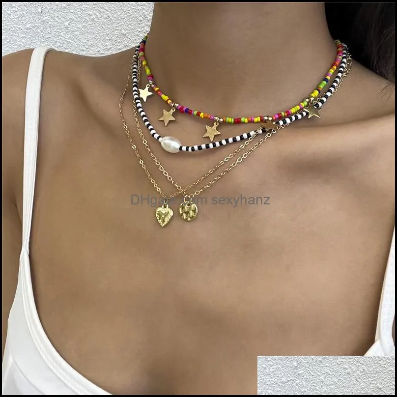 Bohemian Colorful Rice Beads Star Pendant Necklaces Hip Hop Pearl Heart Circle Tassel Clavicle Chain Women Multi Layer Thin Gold Necklace Jewelry