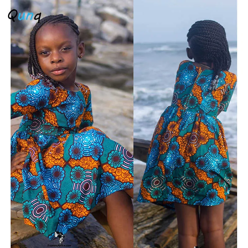 QunQ Girls African Style Robe Summer Print Robes pour enfants pour 7 8 9 10 11 12 ans Girl Col O-Cou Teens Enfants Vêtements Princesse Q0716