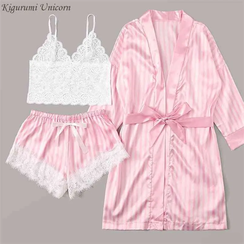 3 pcs laço pijama conjunto mangas colheita tops elástico bowknot sutiã sem fio shorts shorts listra robe cor sólida sleepwear verão 210809