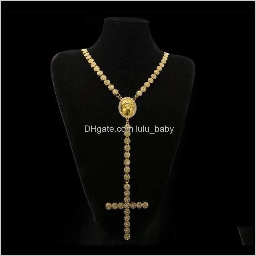 men long necklace gold silver plated full iced out rhinestones jesus face with big cross pendant necklace rosary punk jewelry 292 n2