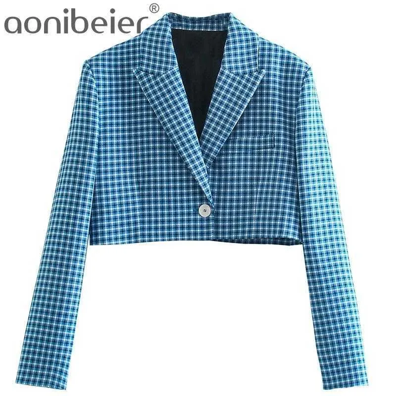 Kontrollerade korta jackor Vårhöstkvinnor Långärmad Singelknapp Beskuren Blazers Office Lady Plaid Suit Coats 210604