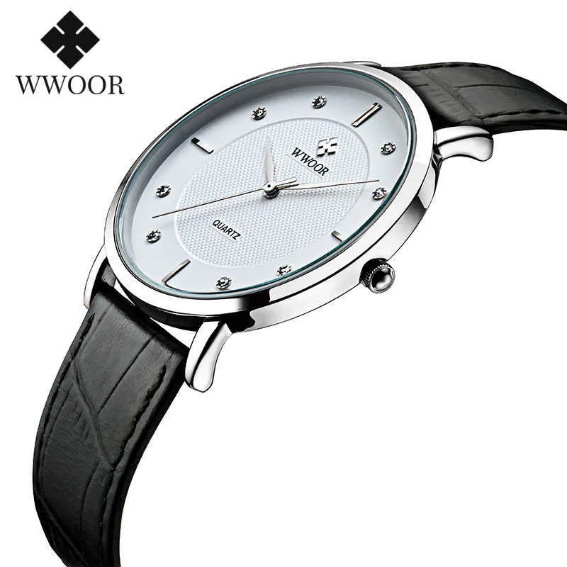 Liquidação Venda WWoor Top Marca Quartzo Mens Relógios Luxo Diamante Dial Couro Genuíno Relógios Impermeáveis ​​Moda Relógio de Pulso 210527