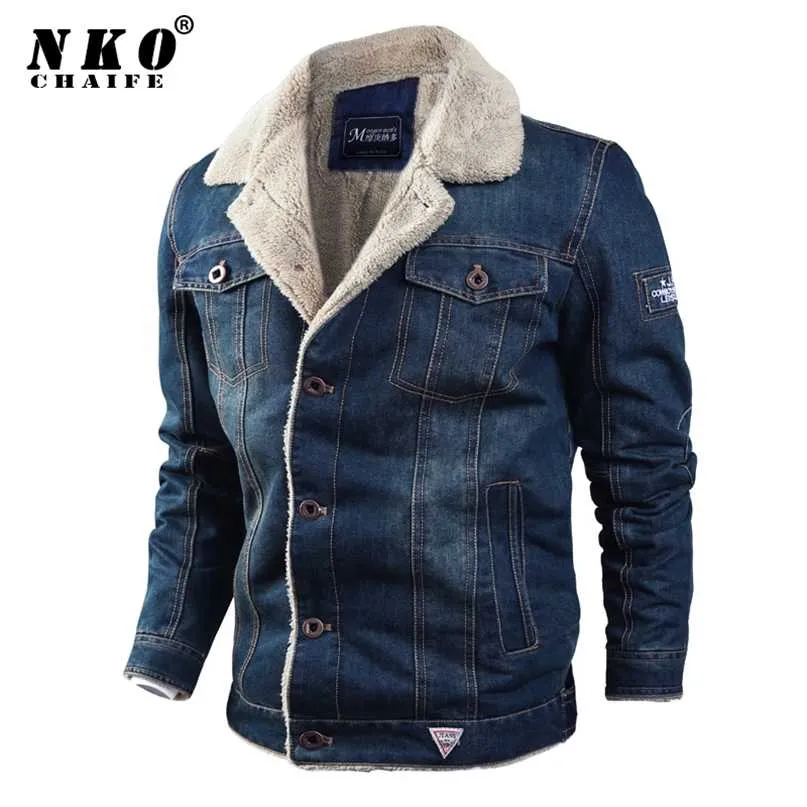 Chaifenko Men's Winter Denim Jacket Parkas Windproof Thick Fleece Warm Coat Men Fashion Casuare Fur Collar Brand Jacket Men 6XL 211025