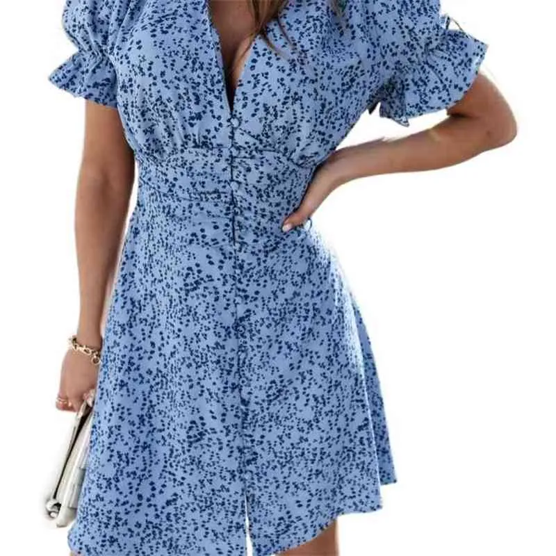 Fashionable Women's Dress Summer Print Button Short Skirt Waist Thin Explosive mini dress 210520