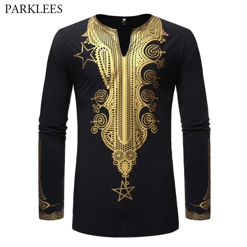 Camicia elegante Dashiki tribale africana dal design elegante da uomo Camicia a maniche lunghe con collo alla coreana stampata floreale di lusso chemise 210522