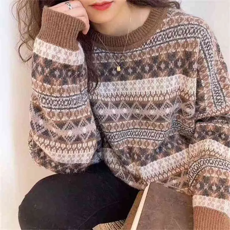 Hong Kong Style Retro Sweater Schoolgirl Korean Loose Winter Lazy Wind Plus Size Tide 210427