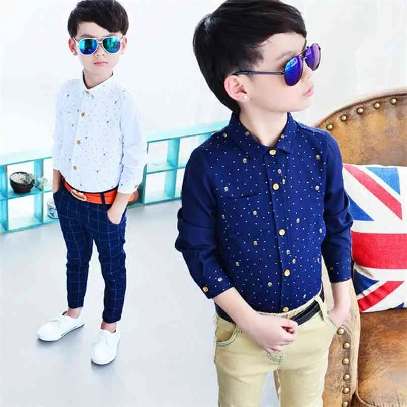 Baby Boys Long-sleeve Shirt With Lovely Dot Print Kids Autumn s Slim Child For Suits Blue/White 2-10Yrs,C116 210713