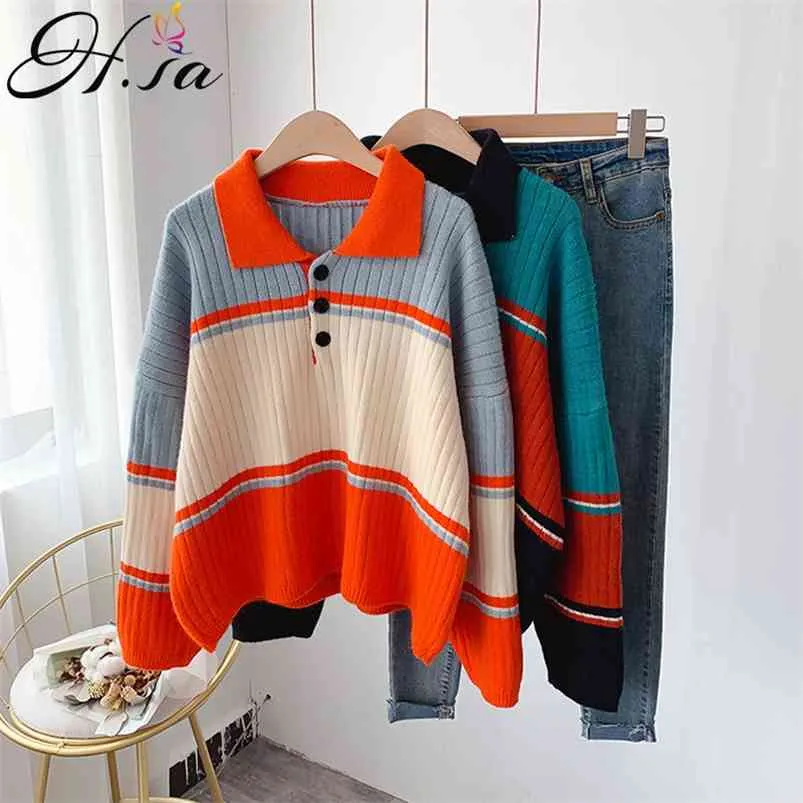 Women Jumpers Turn Down Collar Casual Knitwear Pullovers Striped Patchwork Pull Femme Hiver Orange Polo Sweater 210430