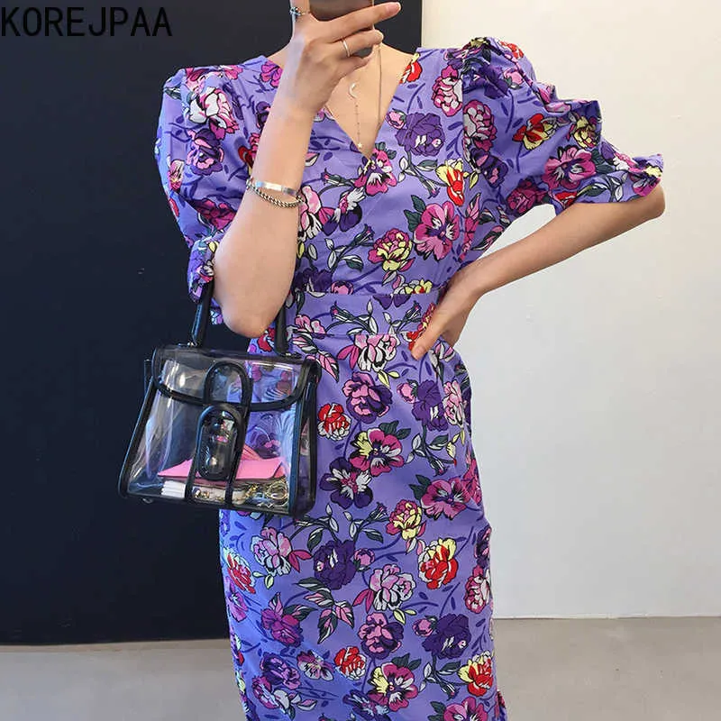Korejpaa Kobiety Dress Summer Korea Chic Retro Elegancki V-Neck Slim Talia Długi Split Bubble Rękaw Kwiatowy Vestido Kobieta 210526