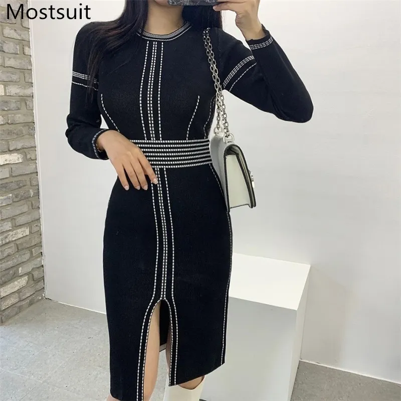 Farbblockiertes gestricktes Frauen-Bleistiftkleid Frühlings-Vollhülse O-Ausschnitt Splitting-Kleider Koreanische elegante weibliche Vestidos Femme 210518