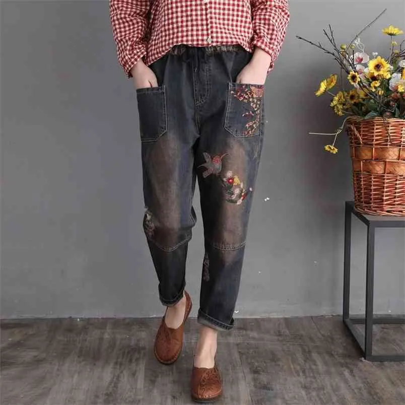 Wiosna Jesień Sztuki Styl Kobiety Elastyczna Talia Loose Dżinsy Patchwork Haft Vintage Ripped Bawełniane Denim Harem Spodnie S568 210512