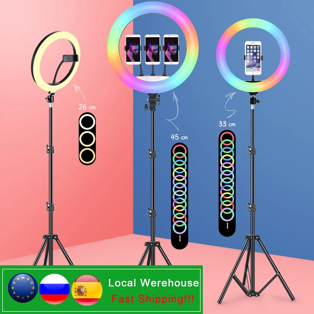 الإضاءة 45CM LED RGB Selfie Ring Light مع حامل المحمول 33CM / 26CM التصوير الإضاءة حافة مصباح ترايبود ل YouTube Live Vlog