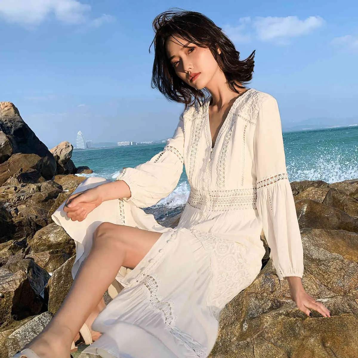 open lace back dress Casual Summer Loose Round Neck Cotton Pocket Dress Summer Women Clothes Q1061 M / Khaki main image 1