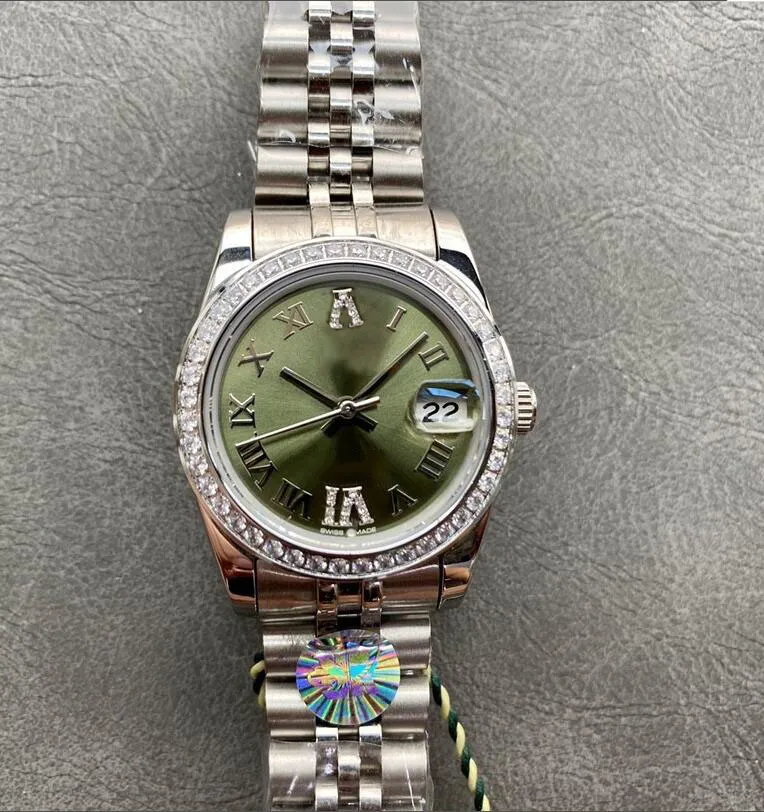 Klassisk damklocka Rostfritt stålarmband Safirglasspegel Diamantgrön 31 mm ram Automatisk mekanisk rörelse Tjejklockor Present