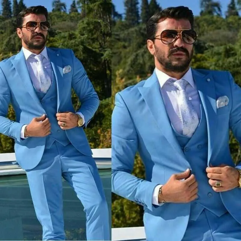 Slim Fit Blue Formal Men Suits for Wedding 3 Piece Groom Tuxedo with Peaked Lapel Custom Male Fashion Jacket Waistcoat Pants X0909