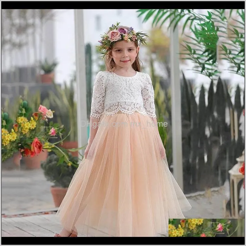 wholesale spring summer set clothing for girls half sleeve lace top+champagne pink long skirt kids clothes 2-11t e17121 201023