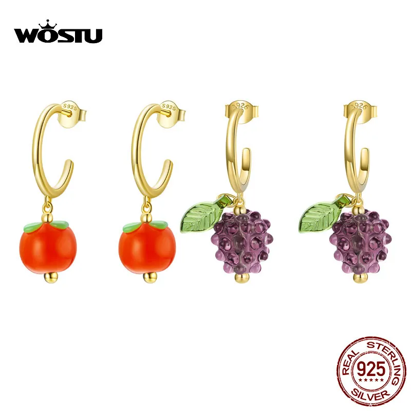 Wostu 925 Sterling Silver Grape Persimmon Drop Plated Gold Fruit Stud Örhängen för Kvinnor Mode Smycken CQE1212