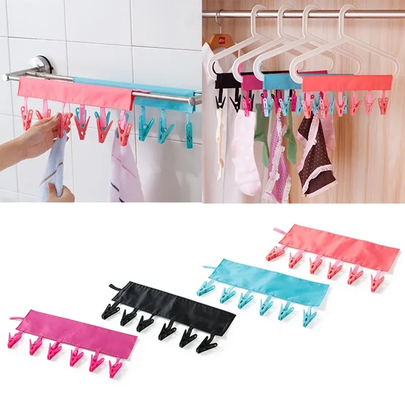 Resor Essentials Badrum Racks Cloth Harger Clothespin Travels Portable Folding Kläder Strumpor Torka Hängare med 6 klipp för badrumsupply wll1011