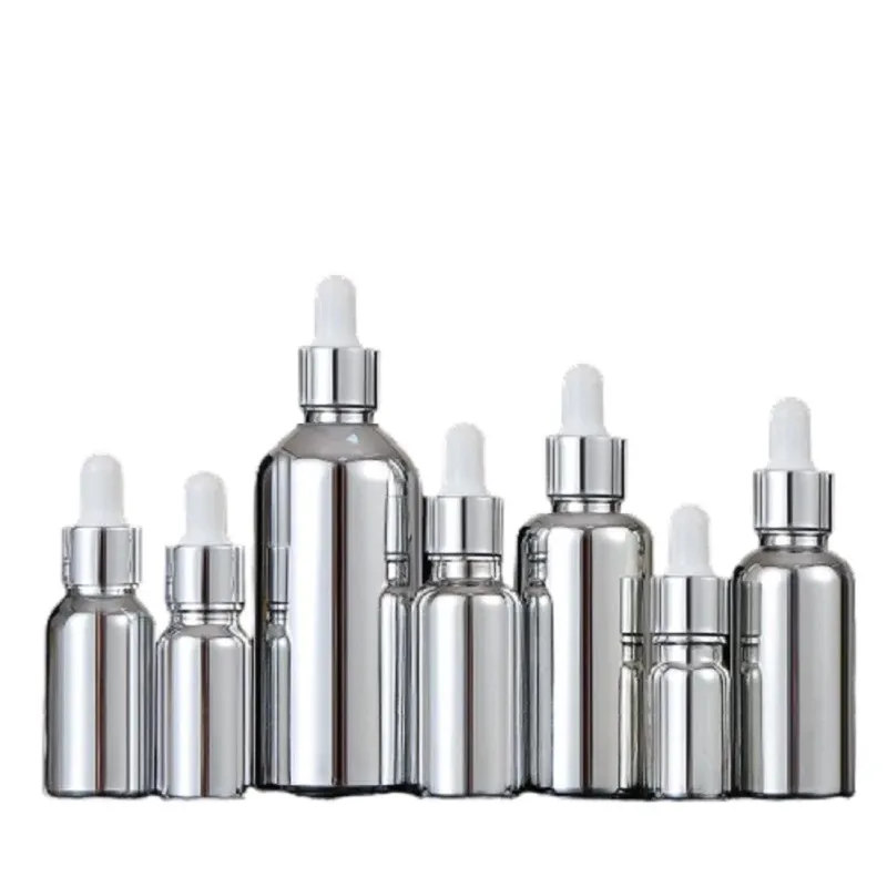 Bottiglia di olio essenziale di siero di vetro argento lucido UV Imballaggio cosmetico Fiale contagocce in gomma Top bianco 5ml 10ml 15ml 20ml 30ml 50ml 100ml Contenitore ricaricabile