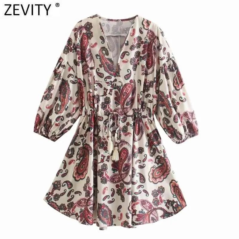 Vrouwen Vintage Paisley Totem Floral Print Kimono Mini Jurk Femme Lantaarn Mouw Cashew Nut Tassel Tie Casual Vestido DS8244 210419