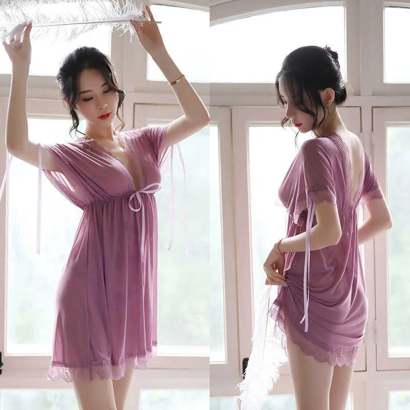 Nuisette Sexy V-Ausschnitt Frau rückenfreie Nachtkleidung Seide Sleepshirts Kleid Nachtwäsche Kleid Sommer Dessous 210924