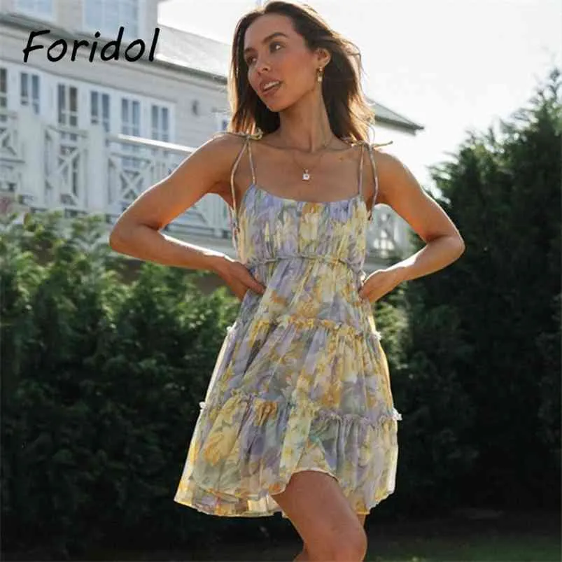 Imprimé floral Boho Sundress Femmes Robe d'été à volants Casual Beach Court Fleur Vintage Vêtements de mode 210427