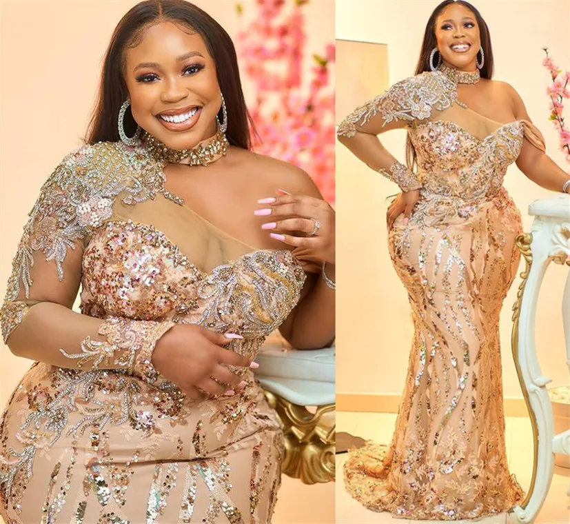 Aso Ebi 2021 Arabisch Plus Size Goud Zeemeermin Sparkly Avondjurken Kralen Kant Sexy Prom Formele Partij Tweede Receptie Toga ZJ326