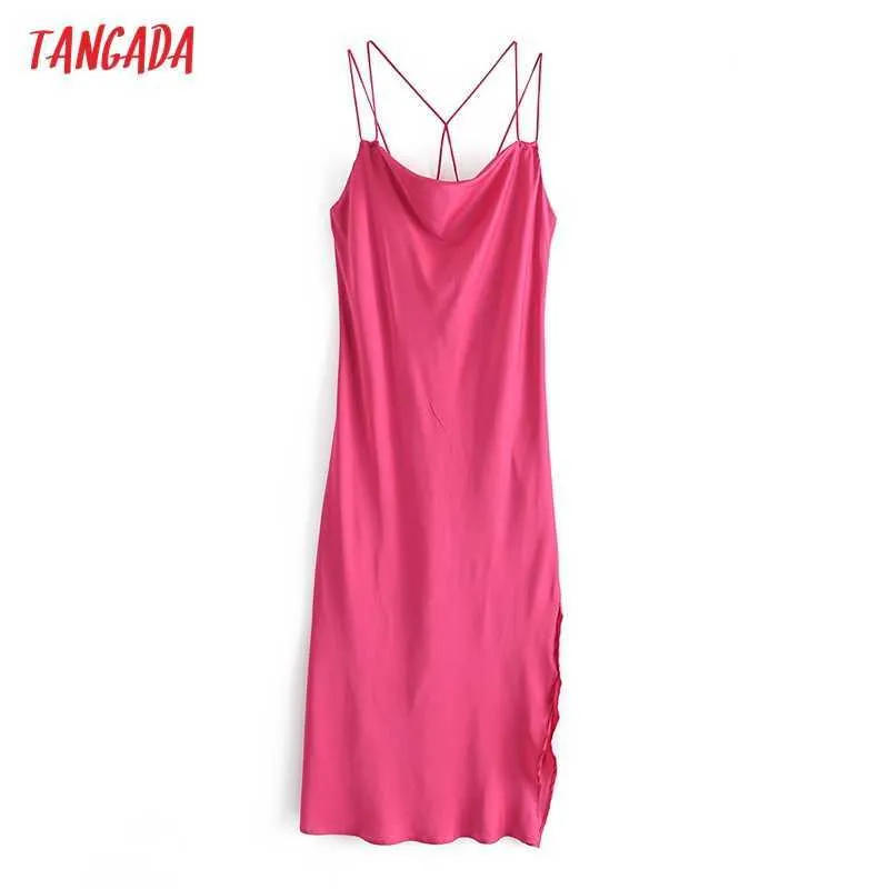 Tangada Fashion Pink Satin Jurken voor Vrouwen Terug Lace Up Vrouw Casual Dress 3W101 210609