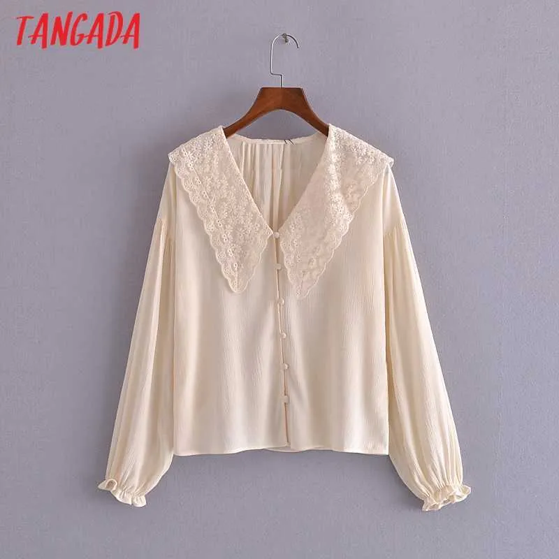 Tangada Mulheres Retro Laço Oversized Collar Romantic Blouse Camisa Manga Longa Chique Camisa Feminina Tops 3H189 210609