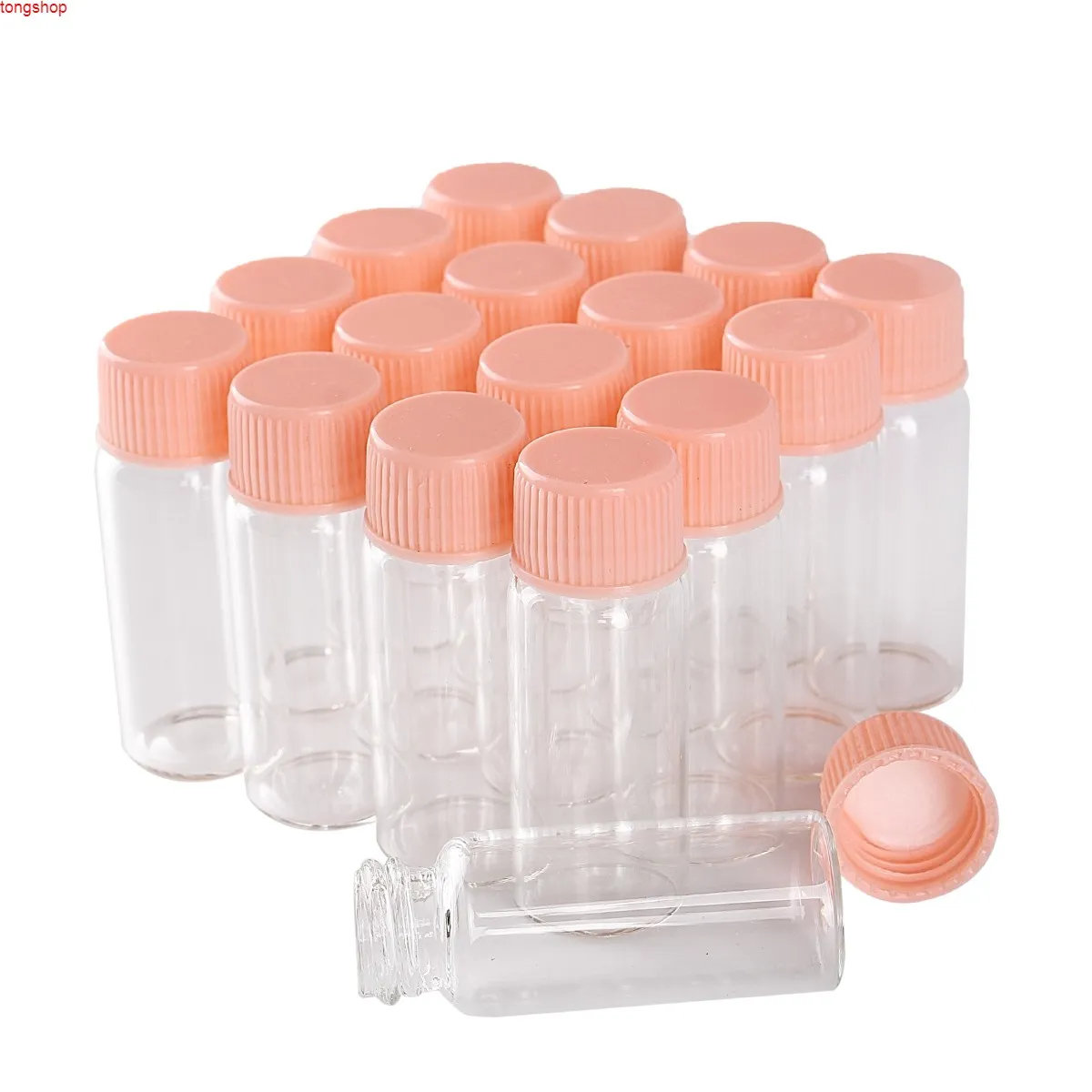 Partihandel 100 stycken 4ml 16 * 40mm Klar glasflaskor med rosa plastlock Mini små burkar Valsvedar