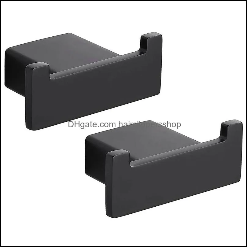 Robe Hooks Double Towel Hook For Bathroom, Stainless Steel Bath Wall Mount, Square Matte Black,2 Pack