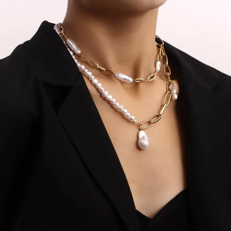 Naszyjniki z wisiorkami dwuwarstwowy spinacz do papieru łańcuszek o specjalnym kształcie naszyjnik z pereł kobiety biżuteria w stylu Vintage akcesoria 2021