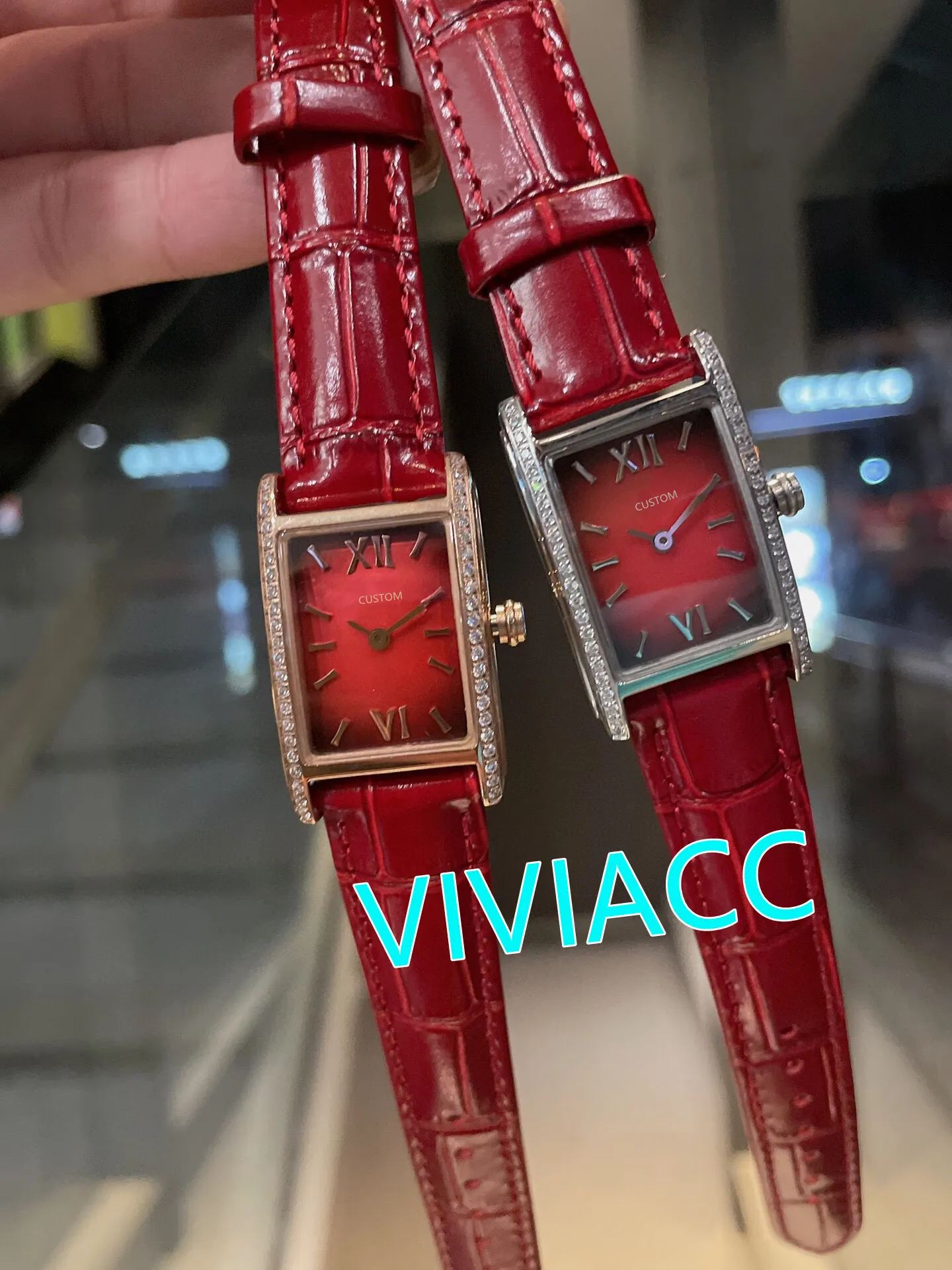 Fashion Women Gradient Red Watches Stainless steel Geometric rectangle Watch Female cz Quartz Diamonds Leather clock 33mm