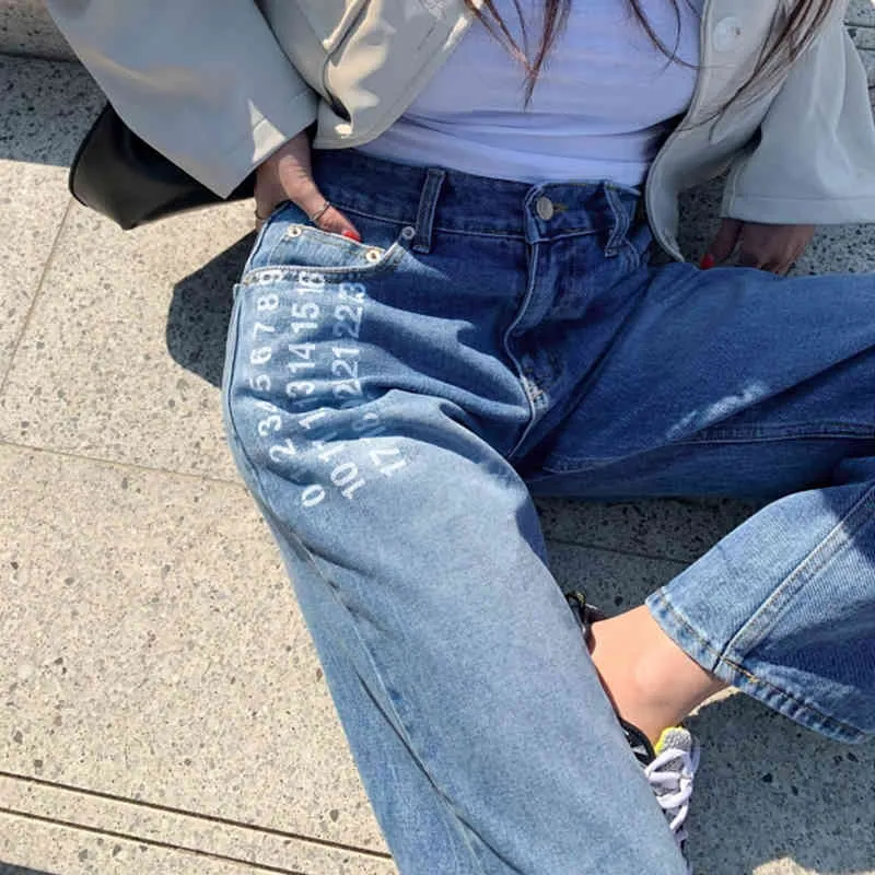 Niebieski numer Drukuj Proste Y2K Dżinsy Dla Dziewcząt Kobiet Kobiet Moda Dżinsowe Spodnie Vintage Harajuku Capris 210415