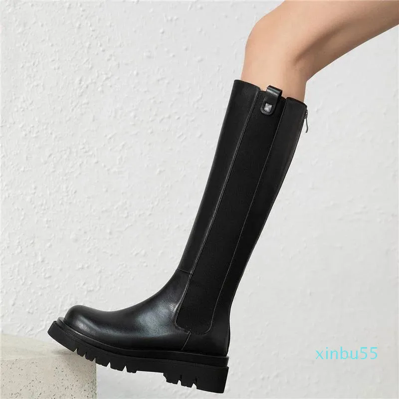 Laarzen Plus Size 34-43 Lederen Knie Hoge Vrouwen Zip Square Hakken Merk Winter Vrouwelijke Chunky Dames Botas