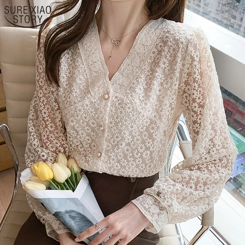 Primavera Verano elegante Tops camisa mujer estilo coreano cuello en V manga farol bordado blusa de malla de encaje de talla grande 13967 210508