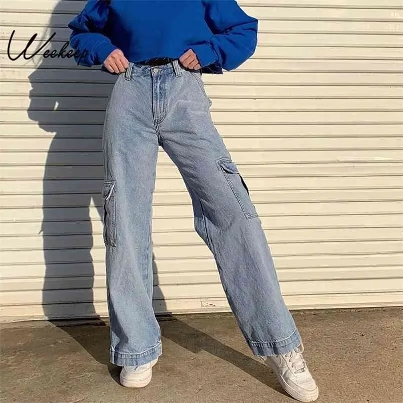 Weekeep Poches Patchwork Taille Haute Jean Streetwear Jean Droit Femme Bleu 100% Coton Pantalon Cargo 210809