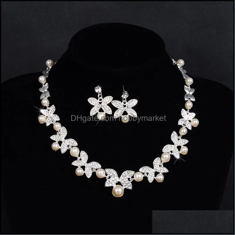 Earrings & Necklace Women`s Floral Faux Pearl Silver Color Bridal Jewelry Set Luxury Shiny Rhinestone Choker Women