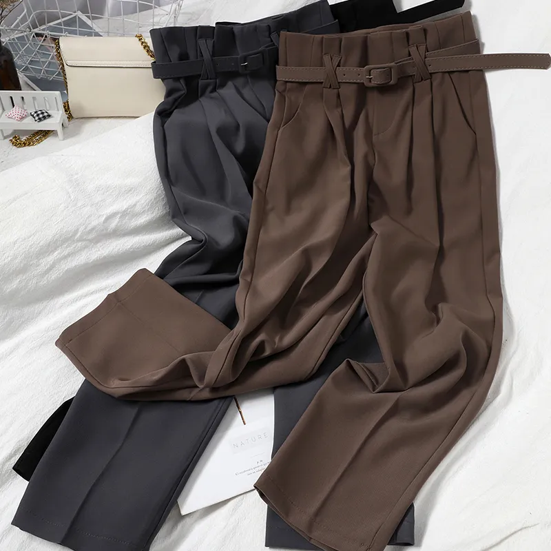 buds high-waist straight-leg pants Office lady comfortable suit for women casual with belt trend Full Length 210420