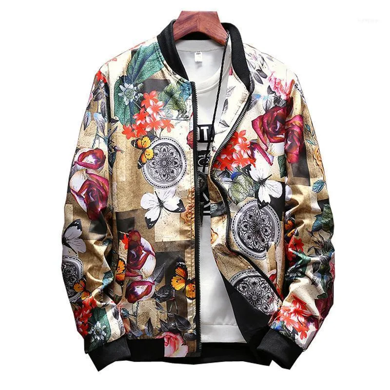 Men's Jackets Floral Jacket Men Flowers Print Casual Stand Collar Bomber Baseball Hip Hop Streetwear,LA4591