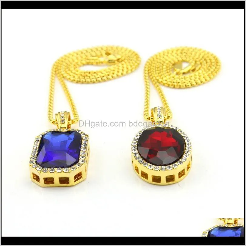 hip hop necklace gold plated square circular color with red ruby pendant necklace set 24