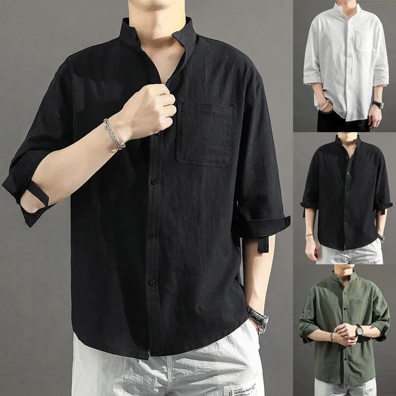 T-shirt da uomo estate Summer Color Solid Color Manica Lunga Camicie da uomo in stile cinese Stand Collar Bianco Bianco Black Shirt Breve Tshirt Plus Size 5XL
