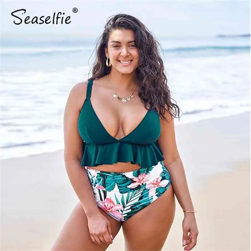 Seaselfie Plus Size High Waist Bikini Zestawy Kobiety Sexy Duże Zielone I Kwiatowe Potargane Dwa kawałki Swimsuit Suit Suit 210702