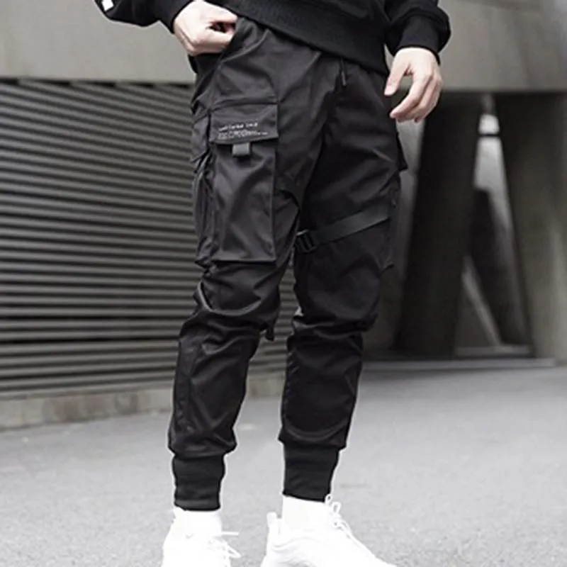 Autunno Uomini Nastri di Colore Solido Nero Con Tasca Dei Pantaloni Cargo 2021 Harem Jogging Maschio Harajuku Pantaloni Della Tuta Hip Hop Pantaloni da Uomo