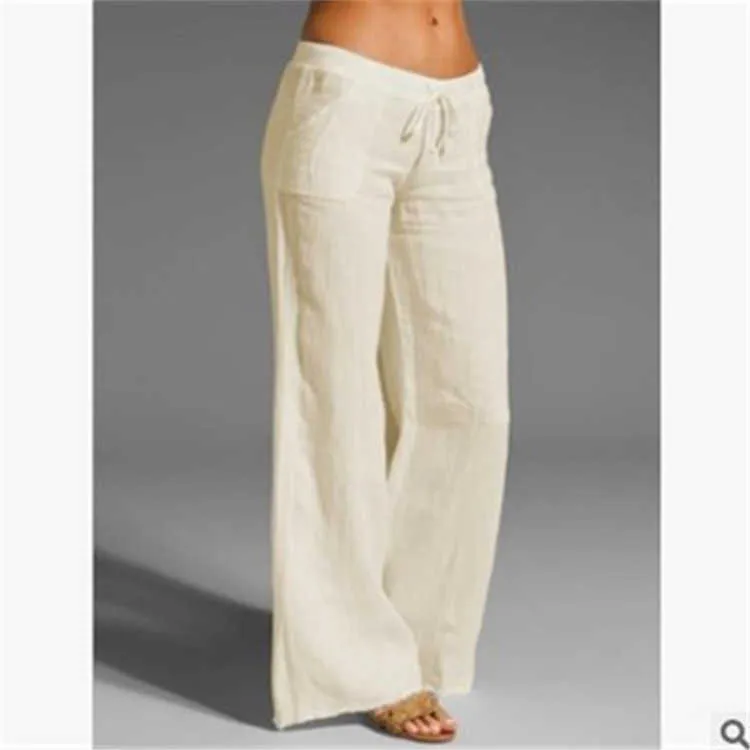 Loose Fit Cotton Linen Low Rise Linen Pants With Wide Leg, High