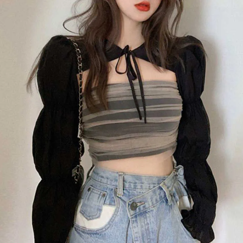 Sexy Autumn Bandage Black Full Sleeve Top + Female Mesh Lace Korean Retro French Breast Wrap Tank Tops Short 9M5I 210603