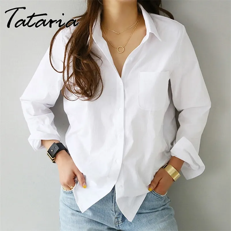 1Spring zomer een pocket vrouwen wit shirt vrouwelijke blouse tops lange mouw casual turn-down kraag ol stijl losse blouses 210514